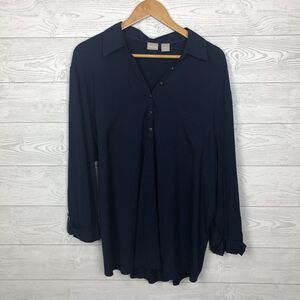 Chico's Women's Size 4/XXL Popover Shirt 3/4 Sleeve Navy Blue Collared Blouse